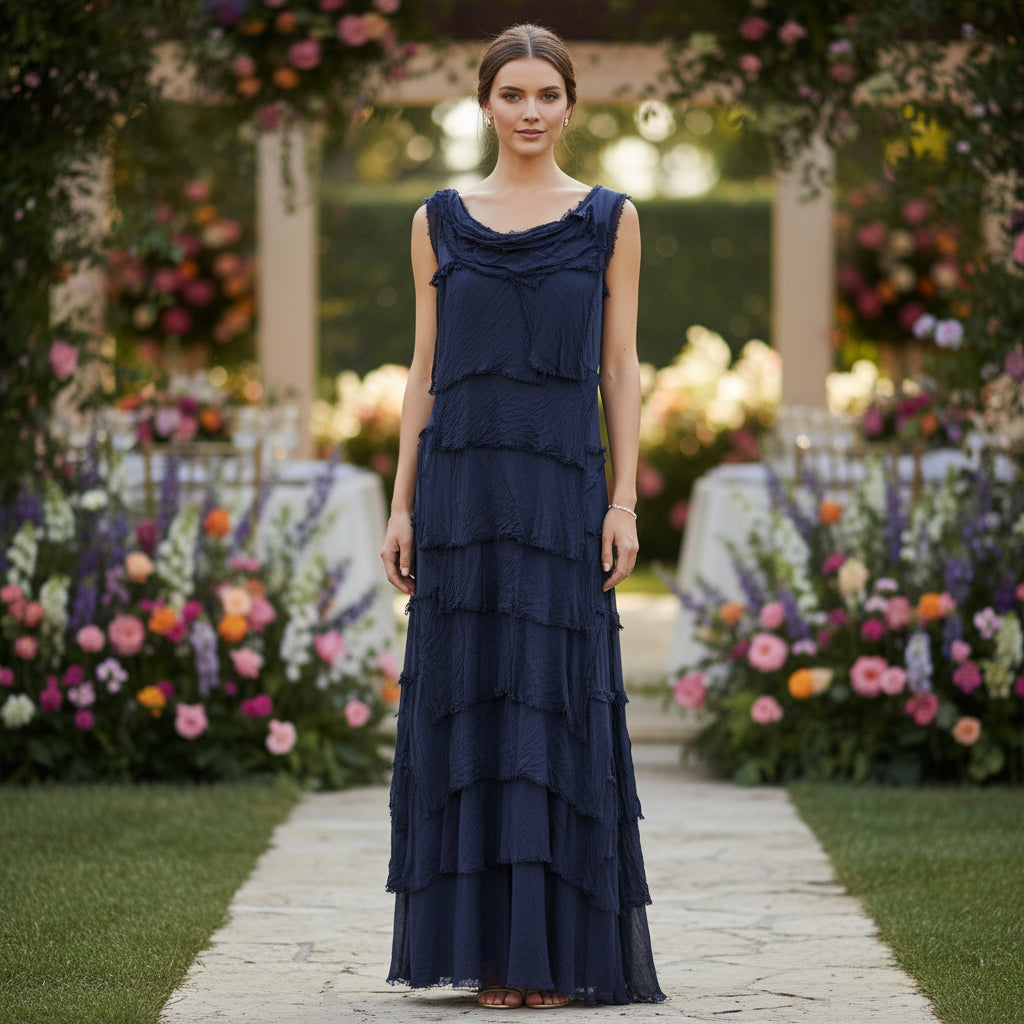 Lola Navy Blue Tier Silk Blend Dress - Sugarplum Boutique