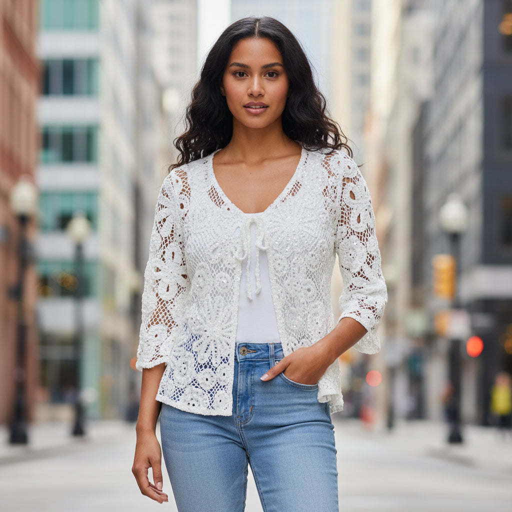 Lorenzo Cotton Crochet White Tie Front Sequin Cardigan - Sugarplum Boutique