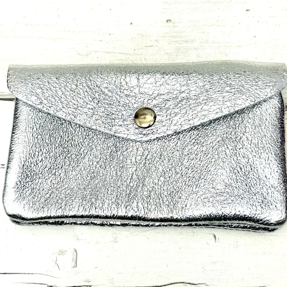 Lottie Large Metallic Leather Button Purse Silver - Sugarplum Boutique