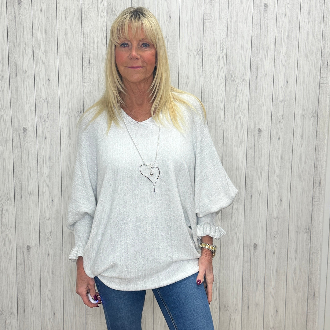 Lottie Lurex Oversize Frill Cuff Jumper Silver - Sugarplum Boutique