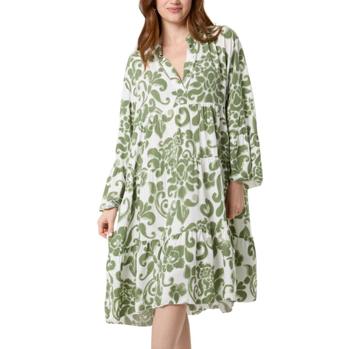 Lou Floral Print Tiered Midi Tunic Dress Khaki Green - Sugarplum Boutique 