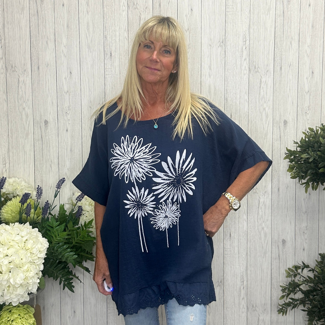 Lou Sparkle Flower Embroidered Hem Cotton Top Navy Blue - Sugarplum Boutique