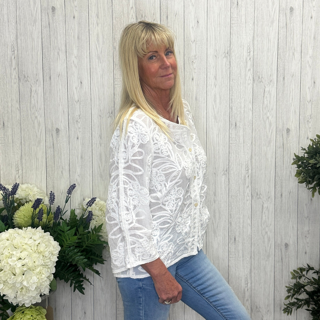 Louise Cotton Crochet Embroidered Cardigan White - Sugarplum Boutique
