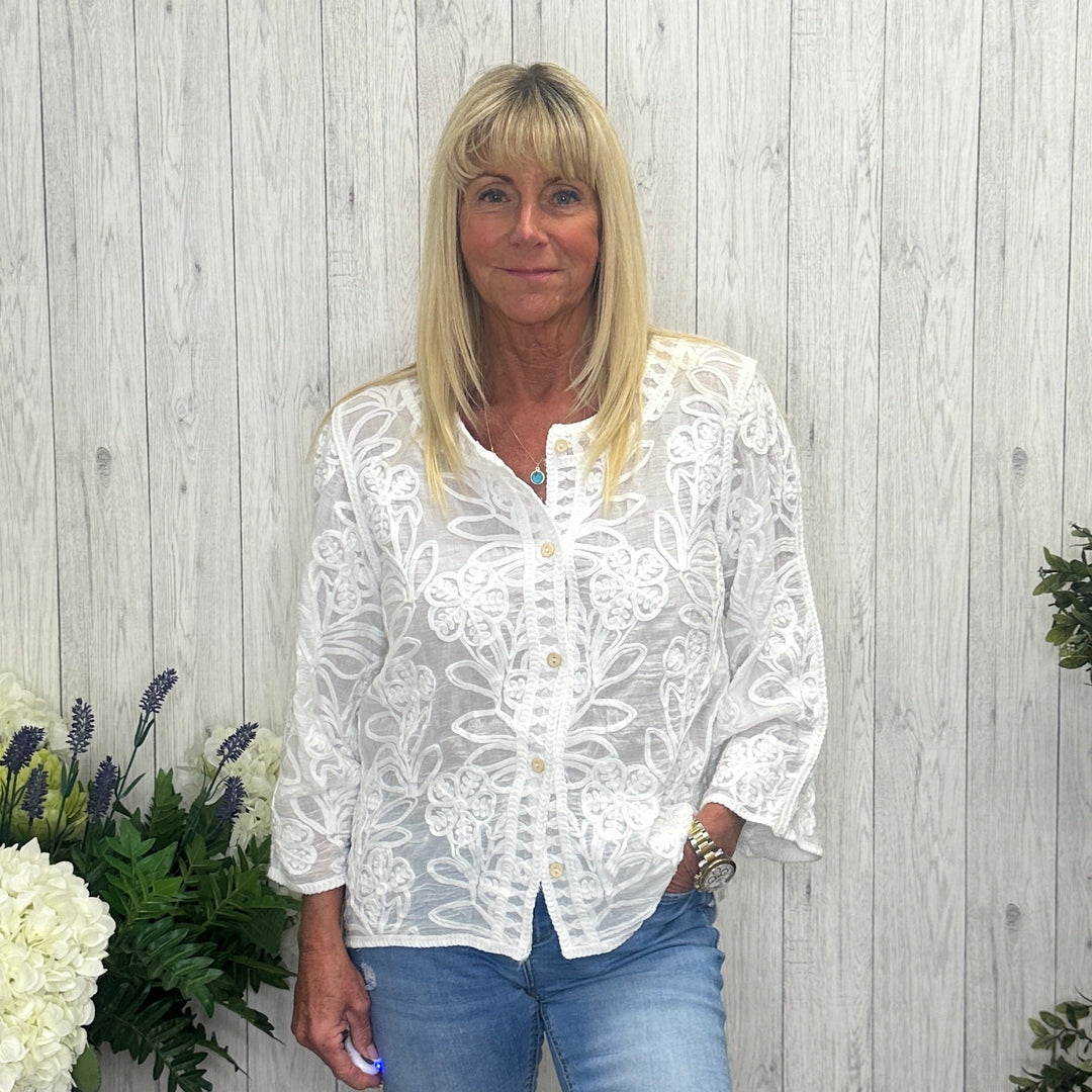 Louise Cotton Crochet Embroidered Cardigan White - Sugarplum Boutique