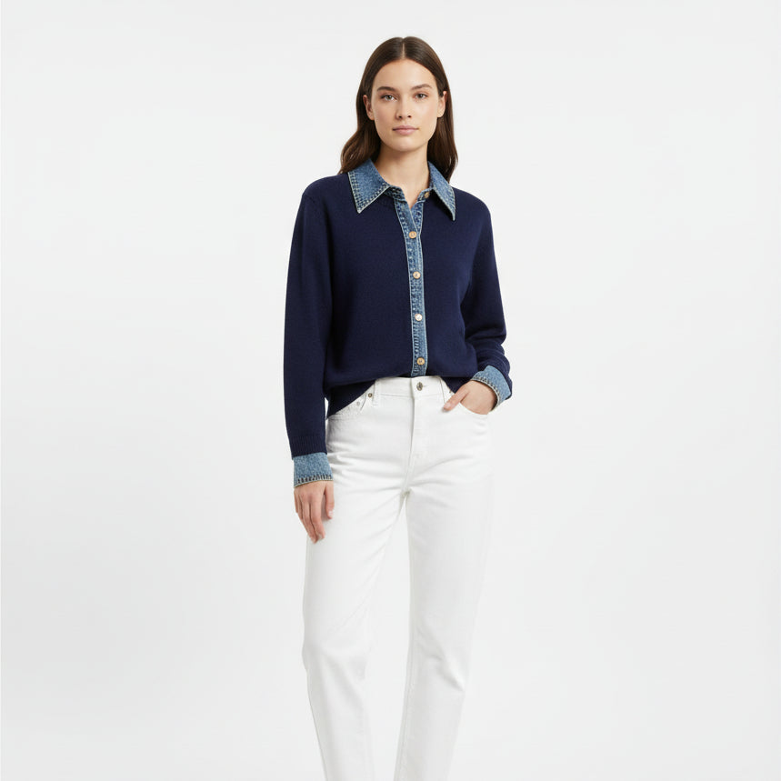Lua Cotton Wool Blend Navy Blue Layered Shirt Style Jumper - Sugarplum Boutique