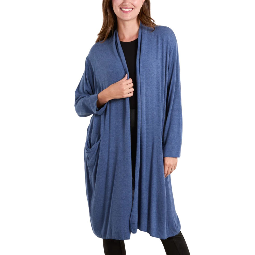 Lucy Denim Blue Long Line Fine Knit Cardigan - Sugarplum Boutique