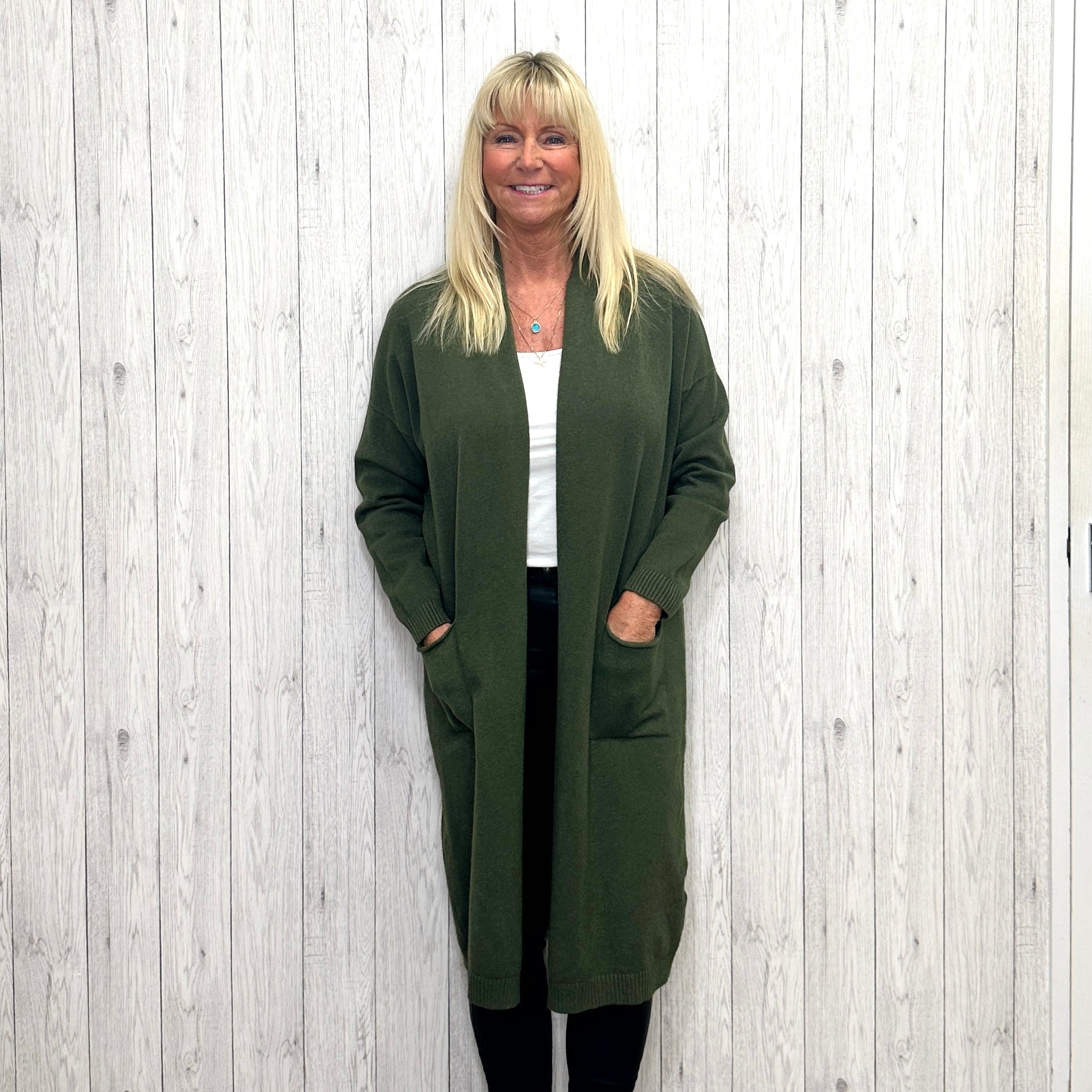 Khaki green long cardigan hot sale