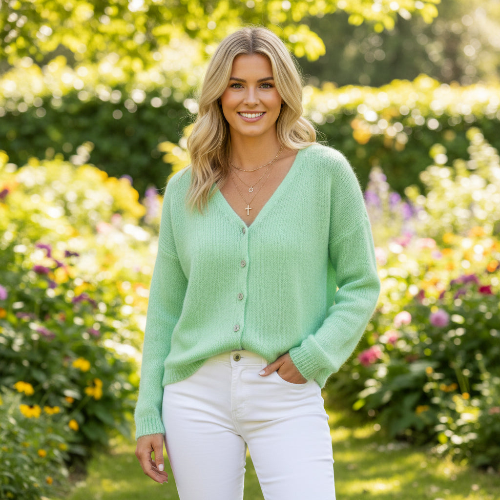 Luna Apple Green Mohair Mix Cardigan - Sugarplum Boutique