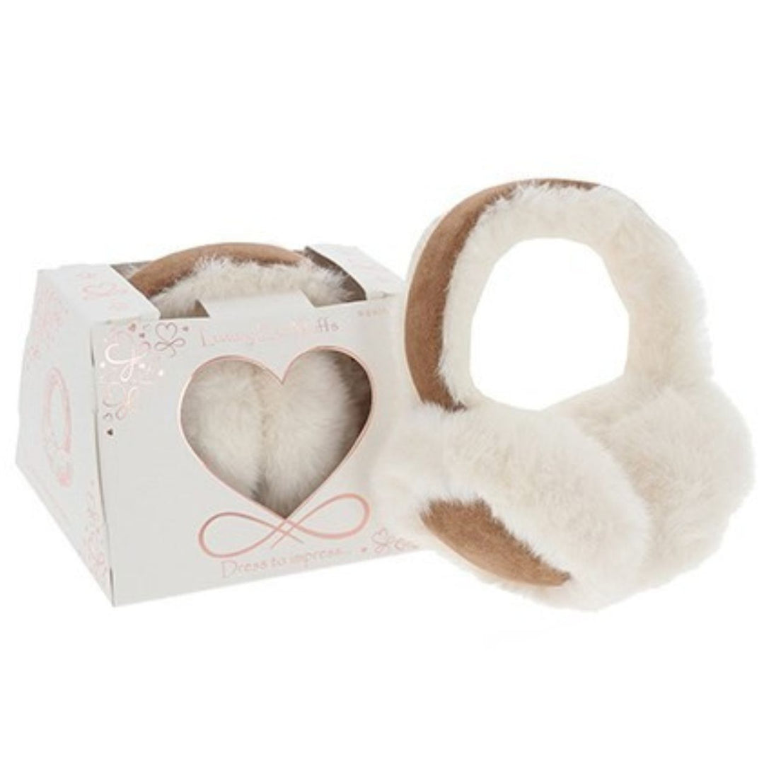 Luxury Faux Fur Suede Ear Muffs Two Tone Cream - Sugarplum Boutique