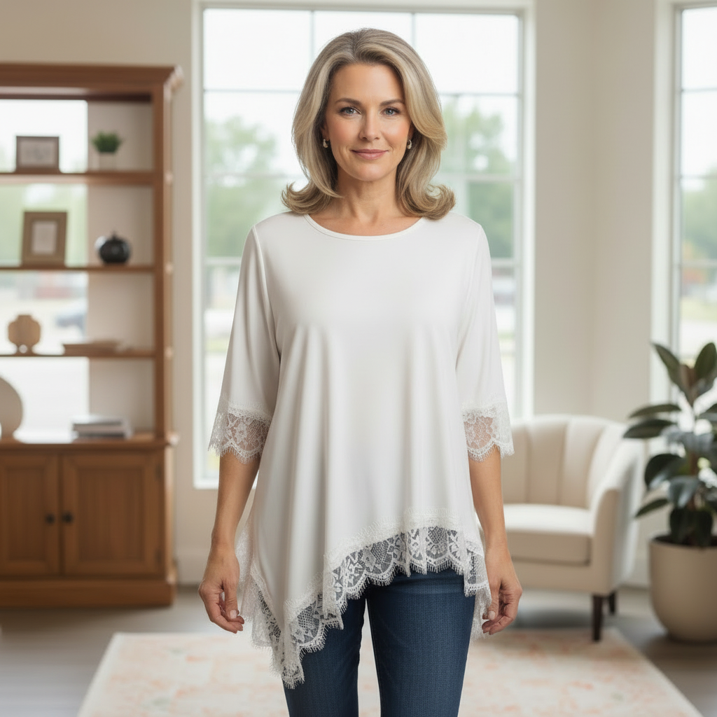Lyla White Cotton Lace Trim Asymmetric Top - Sugarplum Boutique