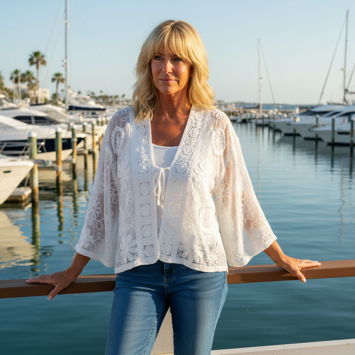 Lyra Cotton Crochet White Tie Embroidered Cardigan - Sugarplum Boutique