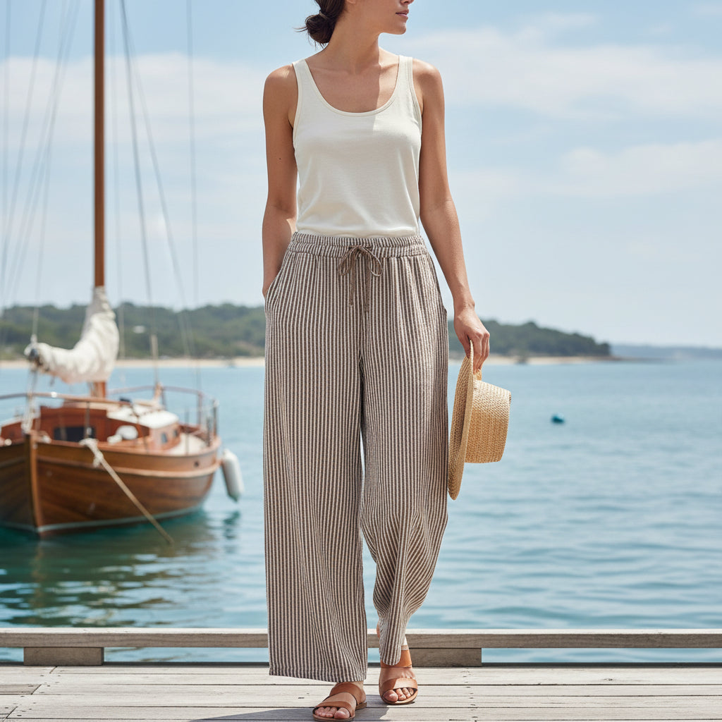Mabel Cotton Striped Mocha Brown Wide Leg Trousers - Sugarplum Boutique