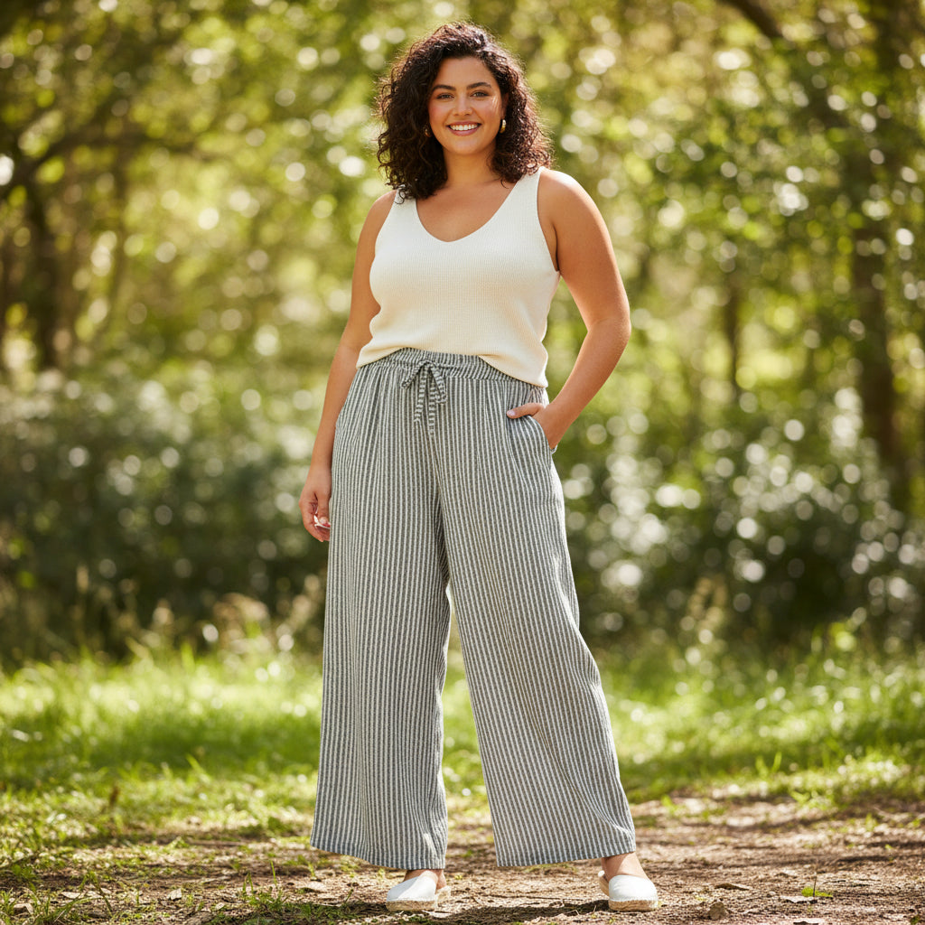 Mabel Cotton Striped Mocha Brown Wide Leg Trousers - Sugarplum Boutique