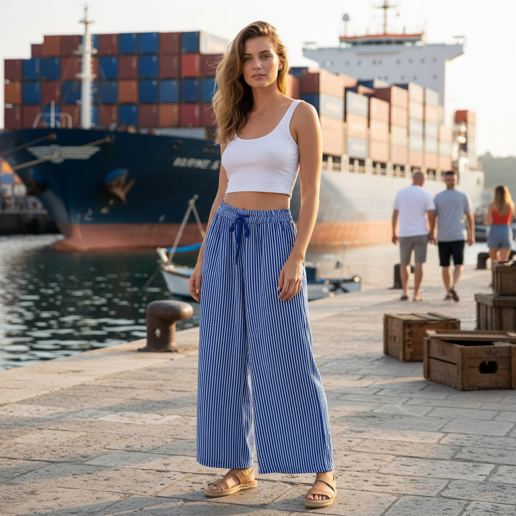 Mabel Cotton Striped Royal Blue Wide Leg Trousers - Sugarplum Boutique