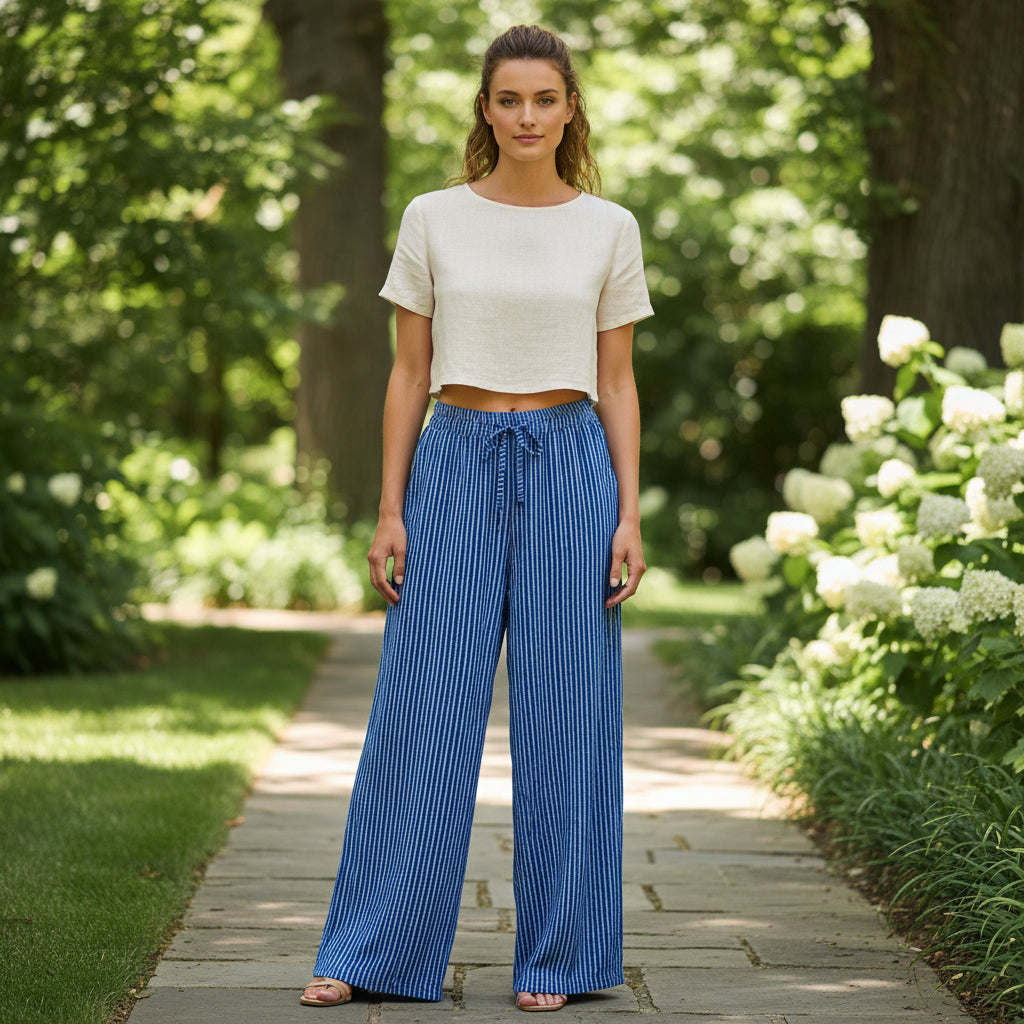Mabel Cotton Striped Royal Blue Wide Leg Trousers - Sugarplum Boutique