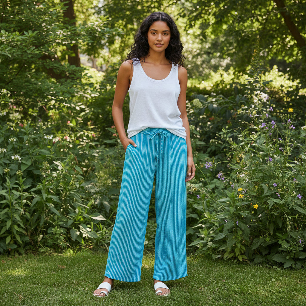 Mabel Cotton Striped Turquoise Blue Wide Leg Trousers - Sugarplum Boutique