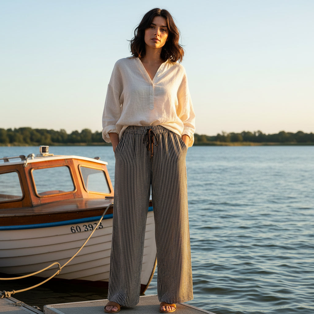 Mabel Cotton Striped Chocolate Brown Wide Leg Trousers - Sugarplum Boutique