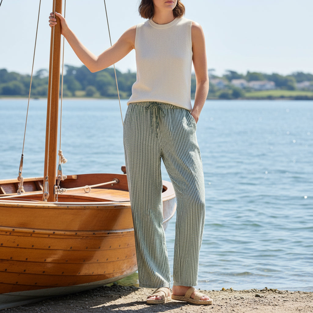 Mabel Cotton Striped Khaki Green Wide Leg Trousers - Sugarplum Boutique