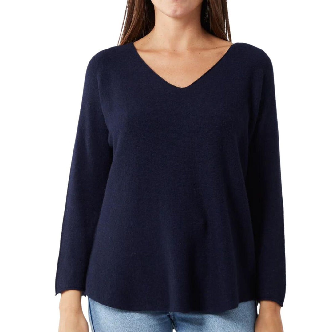 Made in Italy Vienna V Neck Jumper Seamed Arm Navy Blue - Sugarplum Boutique