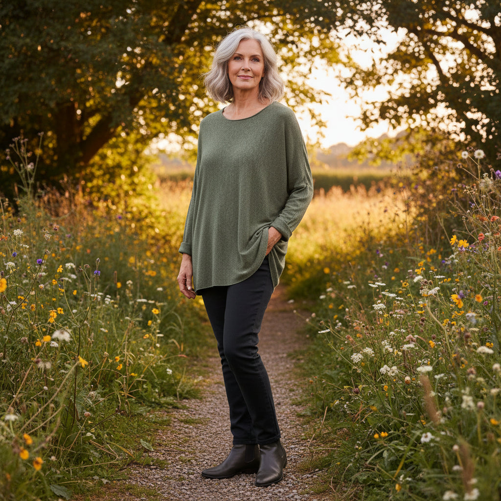 Made In Italy Acorn Relaxed Fit Khaki Green Soft Feel Jumper - Sugarplum Boutique