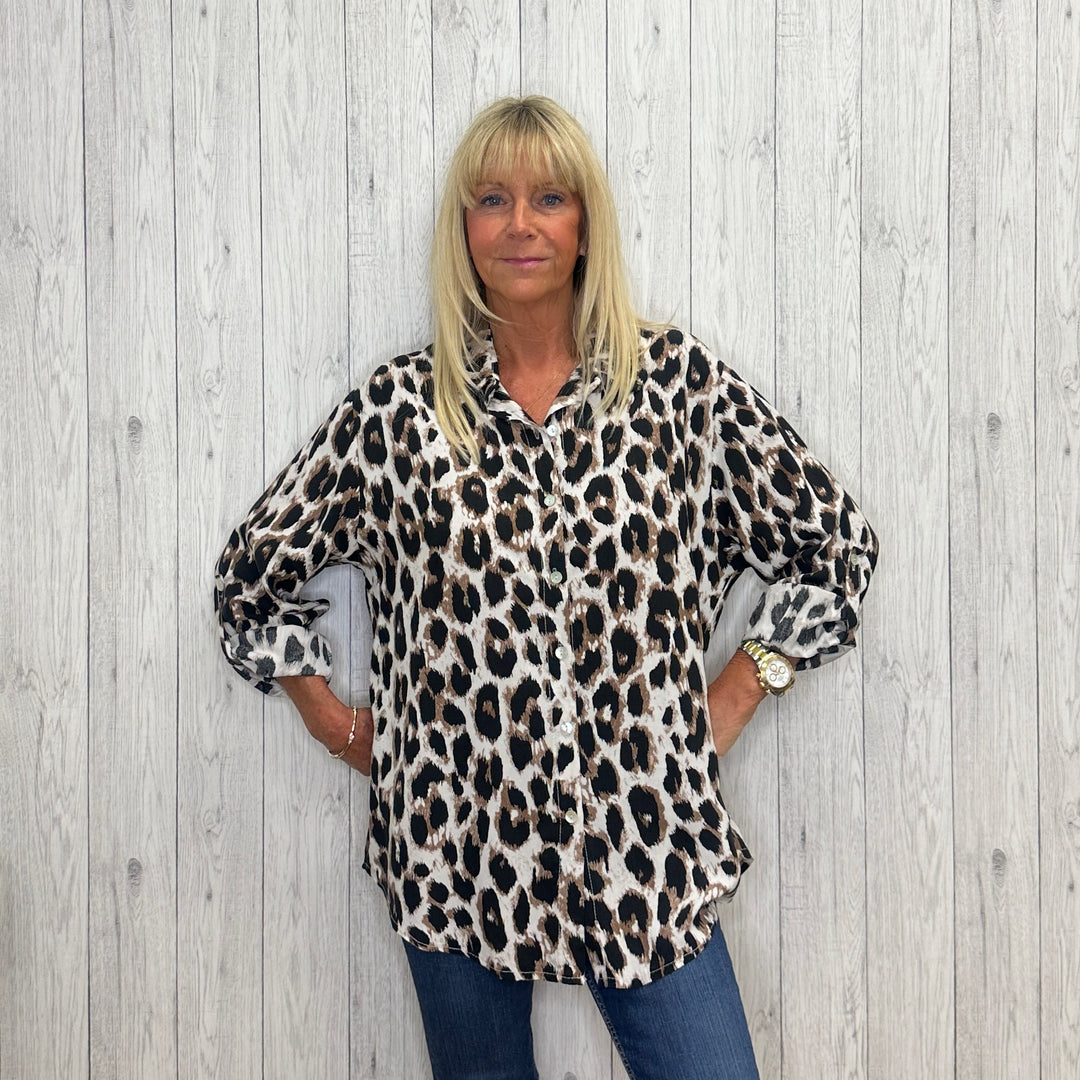 Made In Italy Annie Animal Print Full Button Shirt Stone - Sugarplum Boutique