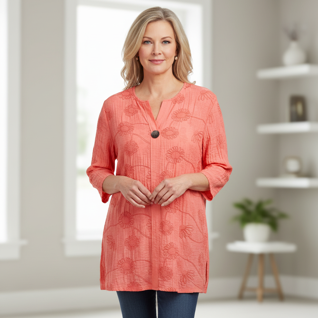 Made In Italy Ascot Coral Embroidered Sequin Short Sleeve Top - Sugarplum Boutique