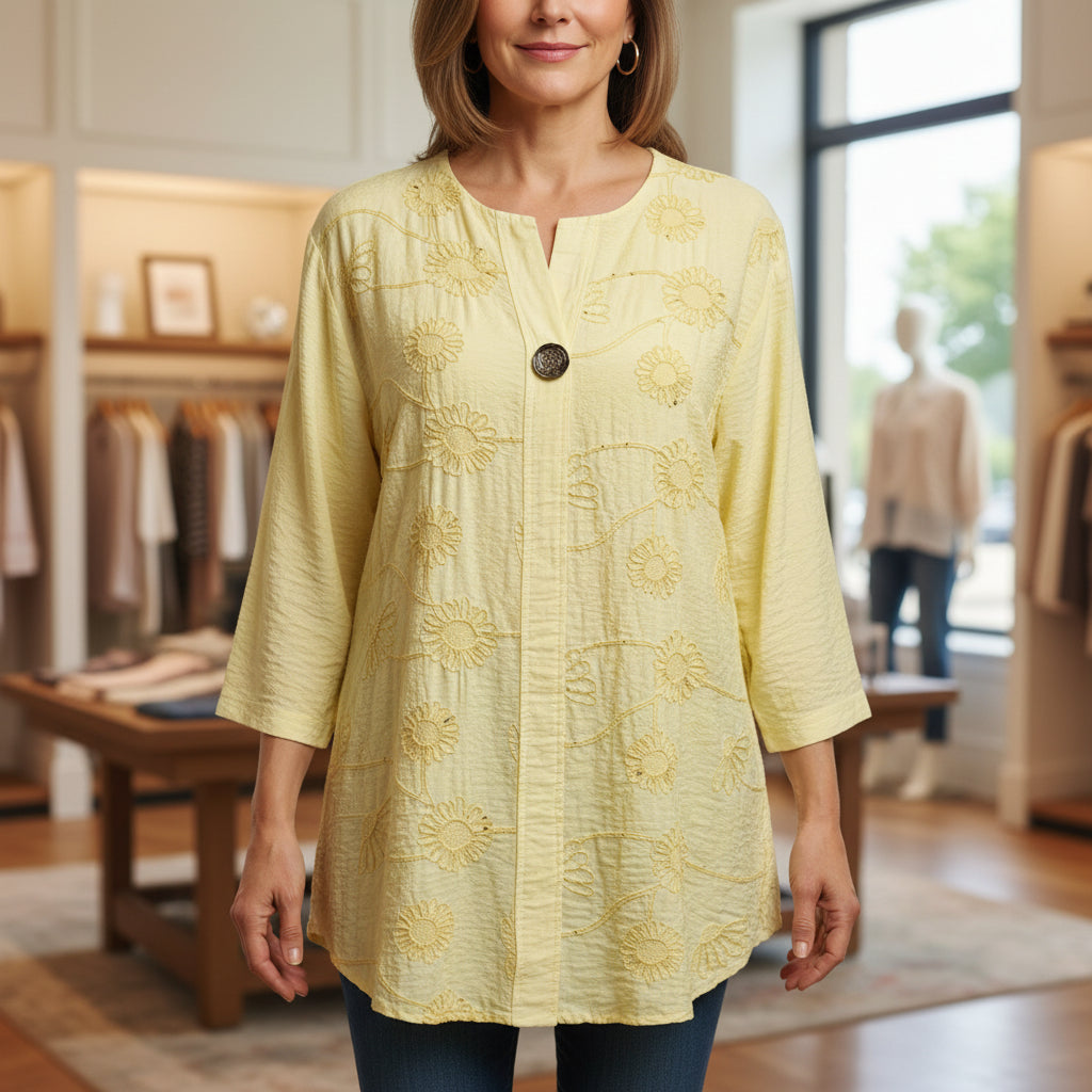 Made In Italy Ascot Lemon Yellow Embroidered Sequin Short Sleeve Top - Sugarplum Boutique