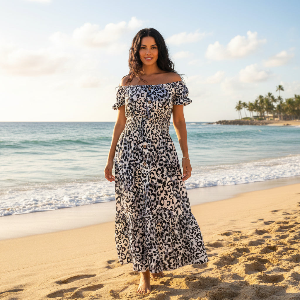 Made In Italy Aurelia Black Animal Print Bardot Maxi Dress - Sugarplum Boutique