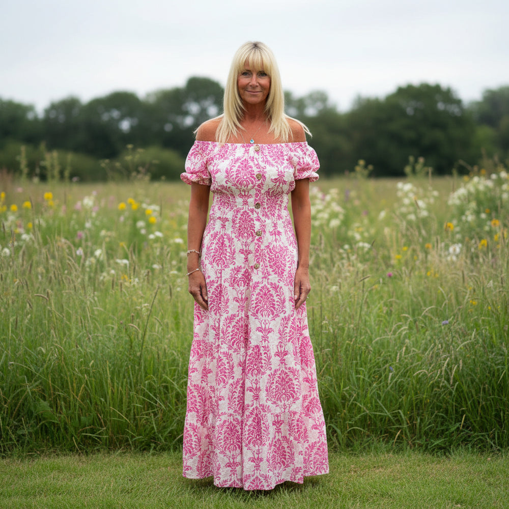 Made In Italy Aurelia Cerise Pink Paisley Patterned Bardot Maxi Dress -Sugarplum Boutique