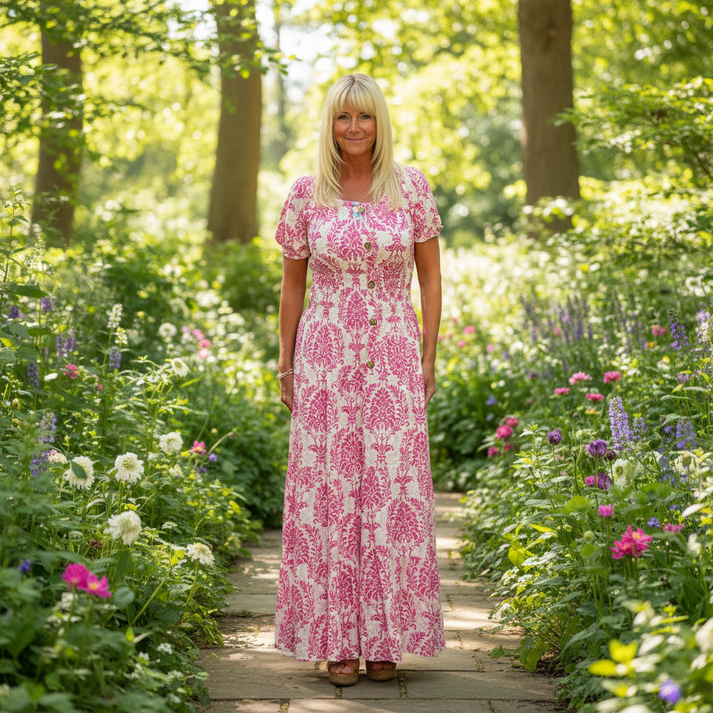 Made In Italy Aurelia Cerise Pink Paisley Patterned Bardot Maxi Dress -Sugarplum Boutique