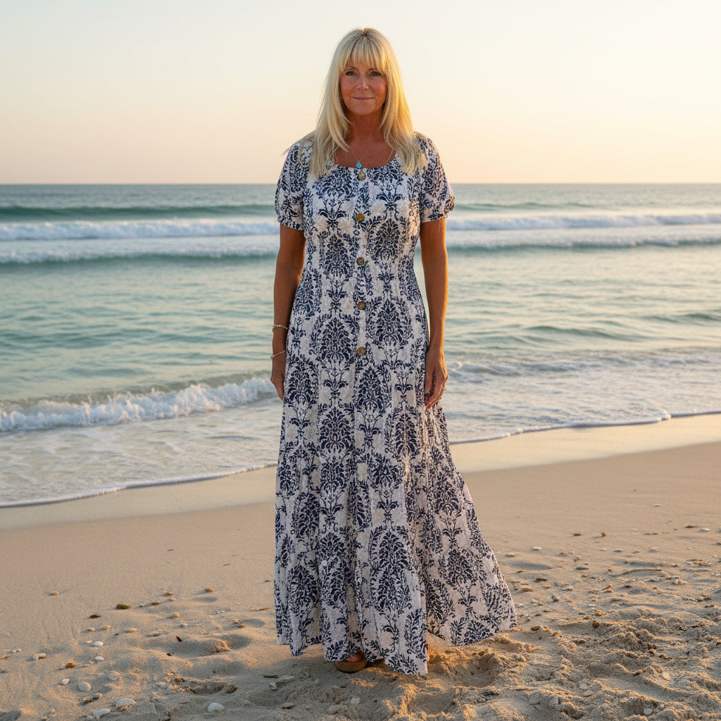 Made In Italy Aurelia Navy Blue Paisley Patterned Bardot Maxi Dress -Sugarplum Boutique