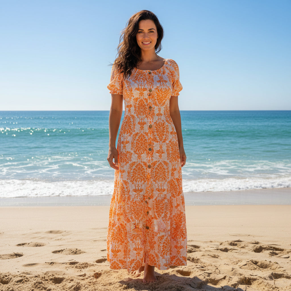Made In Italy Aurelia Orange Paisley Patterned Bardot Maxi Dress - Sugarplum Boutique