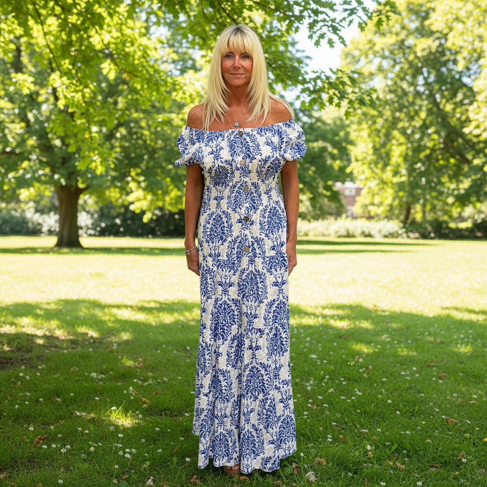 Made In Italy Aurelia Royal Blue Paisley Patterned Bardot Maxi Dress - Sugarplum Boutique
