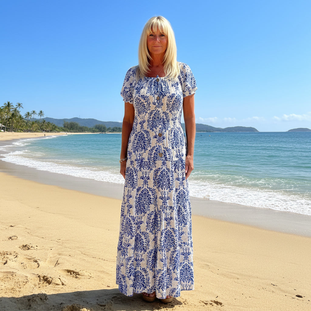 Made In Italy Aurelia Royal Blue Paisley Patterned Bardot Maxi Dress - Sugarplum Boutique