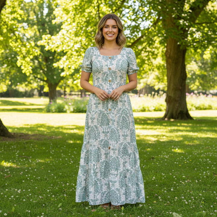 Made In Italy Aurelia Sage Green Paisley Patterned Bardot Maxi Dress - Sugarplum Boutique