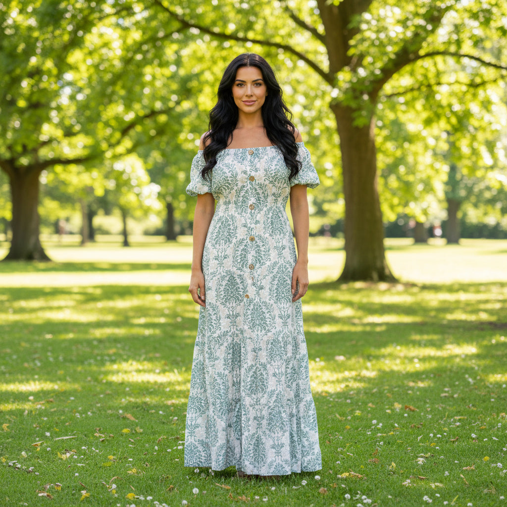 Made In Italy Aurelia Sage Green Paisley Patterned Bardot Maxi Dress - Sugarplum Boutique