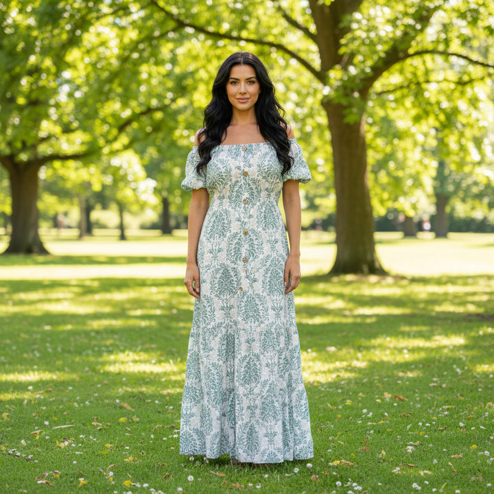 Made In Italy Aurelia Sage Green Paisley Patterned Bardot Maxi Dress - Sugarplum Boutique
