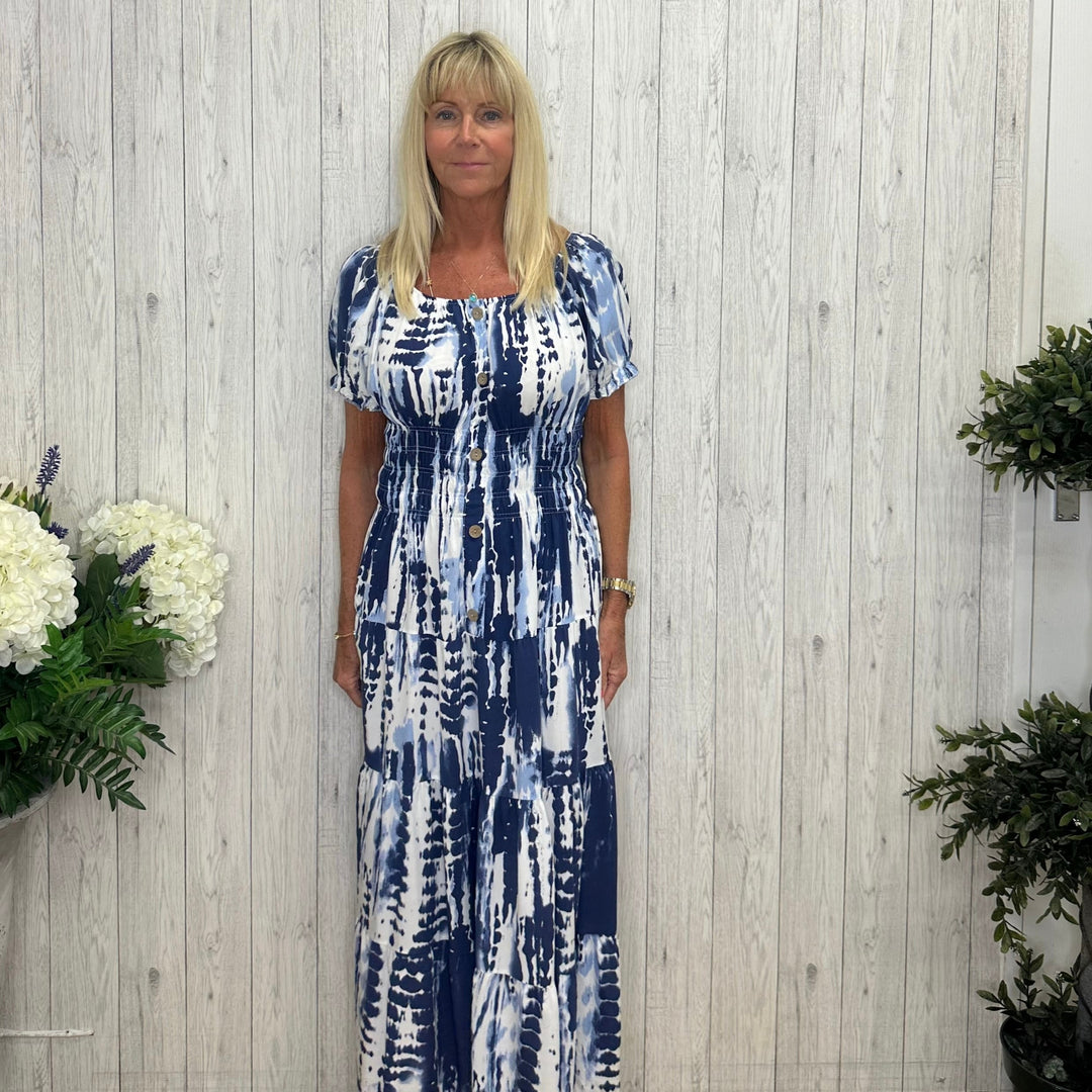 Made In Italy Aurelia Tye Dye Patterned Dress Navy Blue -Sugarplum Boutique