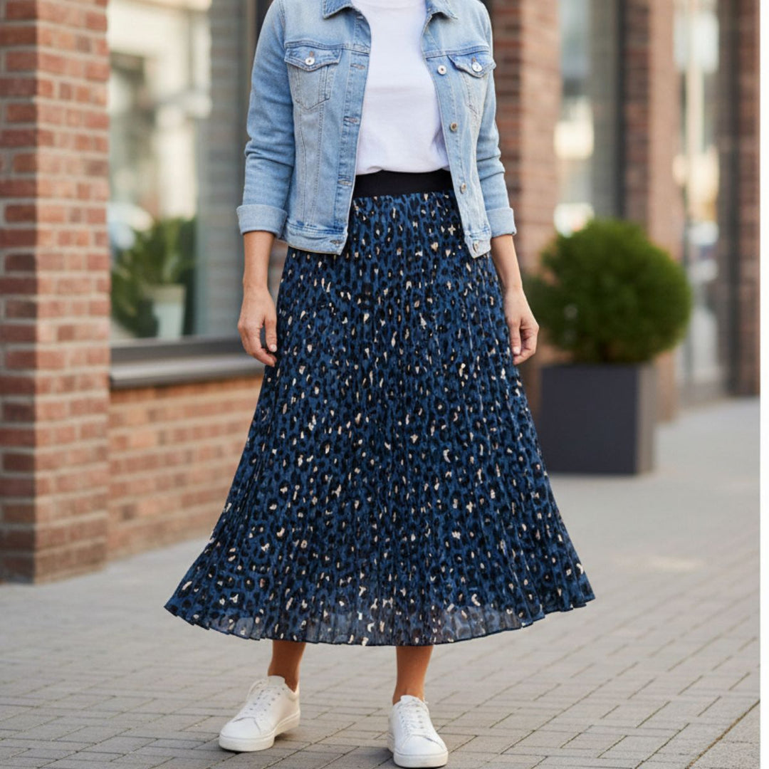 Made In Italy Ava Blue Pleated Animal Print Skirt - Sugarplum Boutique