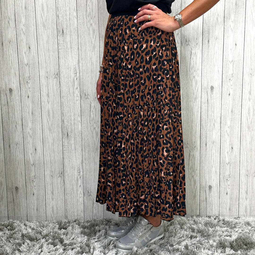 Made In Italy Ava Brown Pleated Animal Print Skirt - Sugarplum Boutique