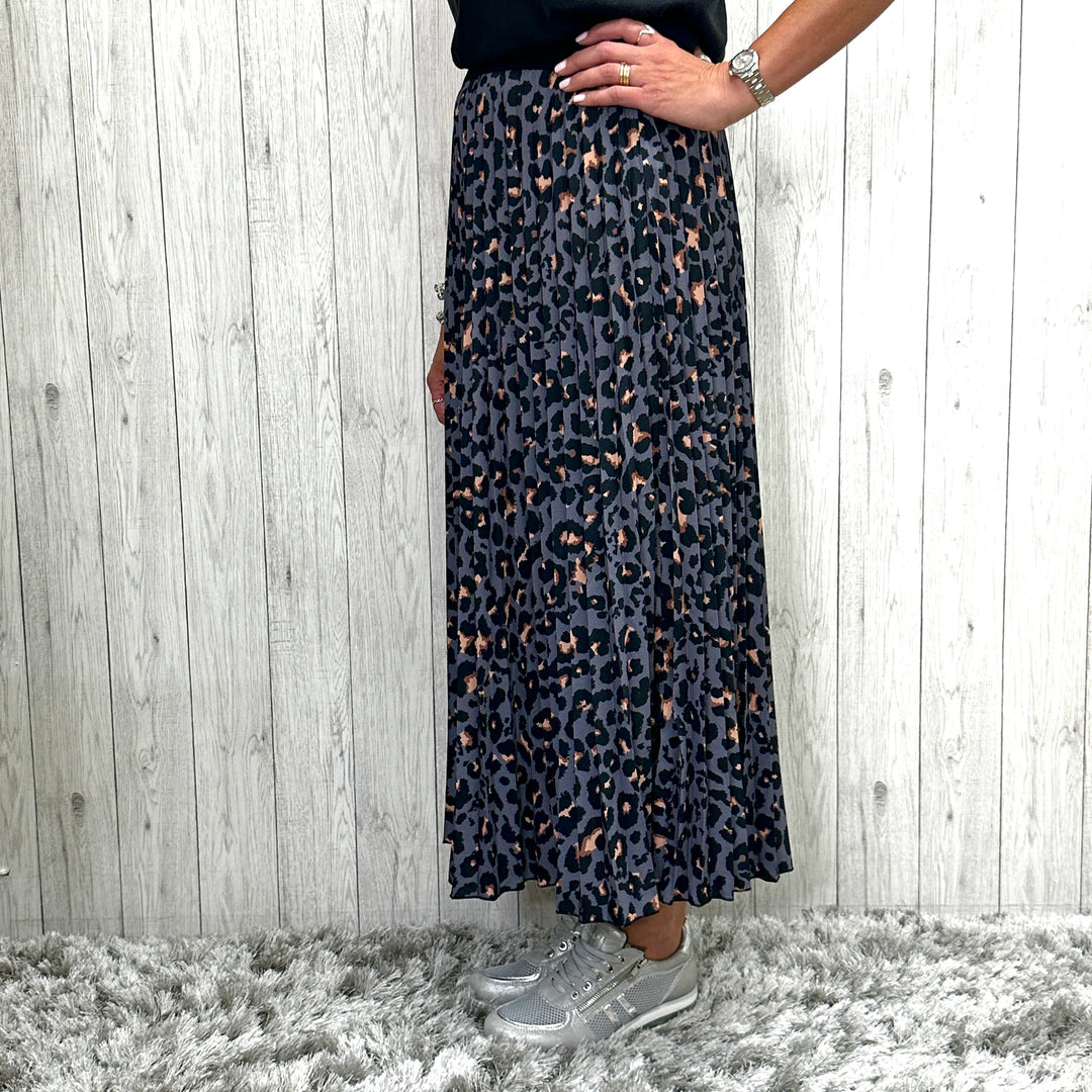Made In Italy Ava Charcoal Grey Pleated Animal Print Skirt  - Sugarplum Boutique