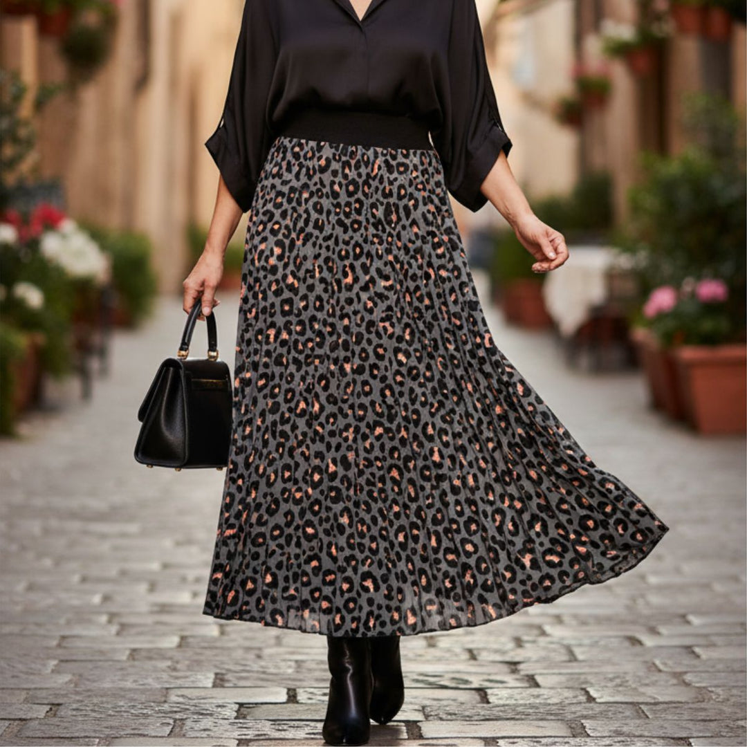 Made In Italy Ava Dark Grey Pleated Animal Print Skirt - Sugarplum Boutique