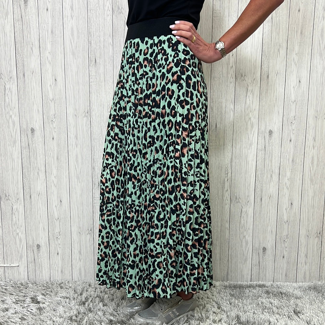 Made In Italy Ava Mint Green Pleated Animal Print Skirt  - Sugarplum Boutique