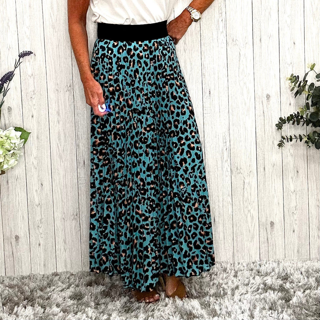 Made In Italy Ava Teal Green Pleated Animal Print Skirt - Sugarplum Boutique