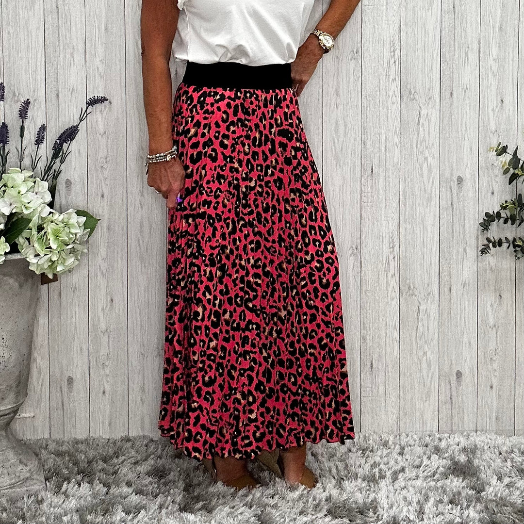Made In Italy Ava Watermelon Red Pleated Animal Print Skirt - Sugarplum Boutique