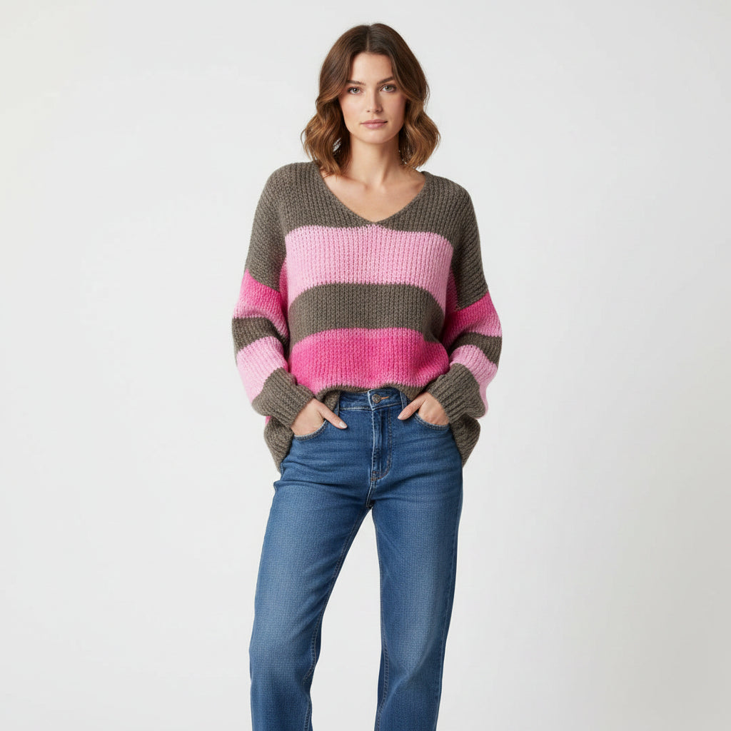 Made In Italy Blythe Striped Chocolate Brown Wool Blend Jumper - Sugarplum Boutique