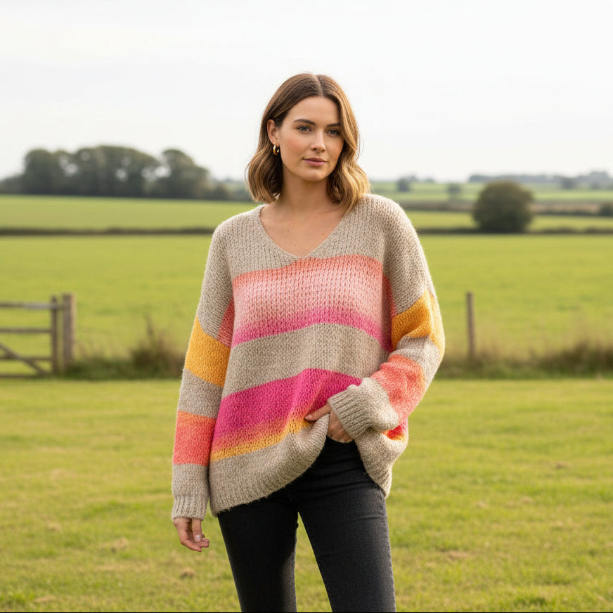 Made In Italy Blythe Striped Mocha Brown Wool Blend Jumper - Sugarplum Boutique