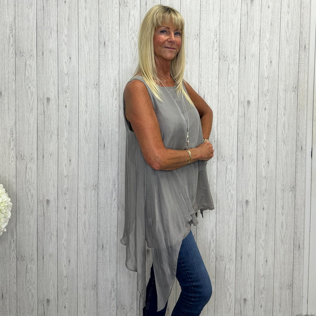 Made In Italy Celine Silk Cotton Mix Tie Sided Top Mocha Brown - Sugarplum Boutique