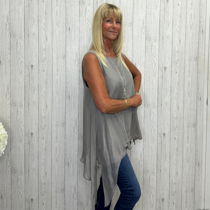 Made In Italy Celine Silk Cotton Mix Tie Sided Top Mocha Brown - Sugarplum Boutique