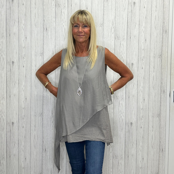 Made In Italy Celine Silk Cotton Mix Tie Sided Top Mocha Brown - Sugarplum Boutique